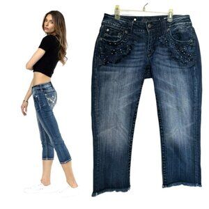 Miss Me Vintage Y2K Signature Cuffed Capri Jeans Embroidery Studs Zip Stretch 28